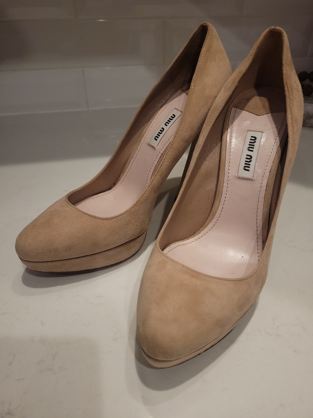 Miu Miu Beige Suede Platform Pumps